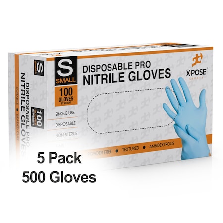 Xpose Safety Disposable Gloves, 5 mil Palm, Nitrile, Powder-Free, S, 5 PK, Blue NITPFS-5-X